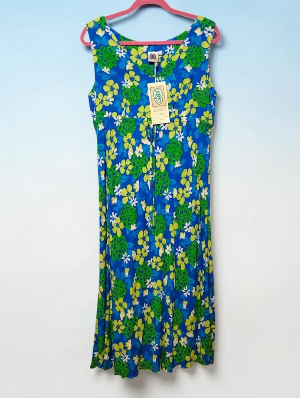 USINDO - Large Blue Floral Maxi Dress with Green & Yellow Blooms